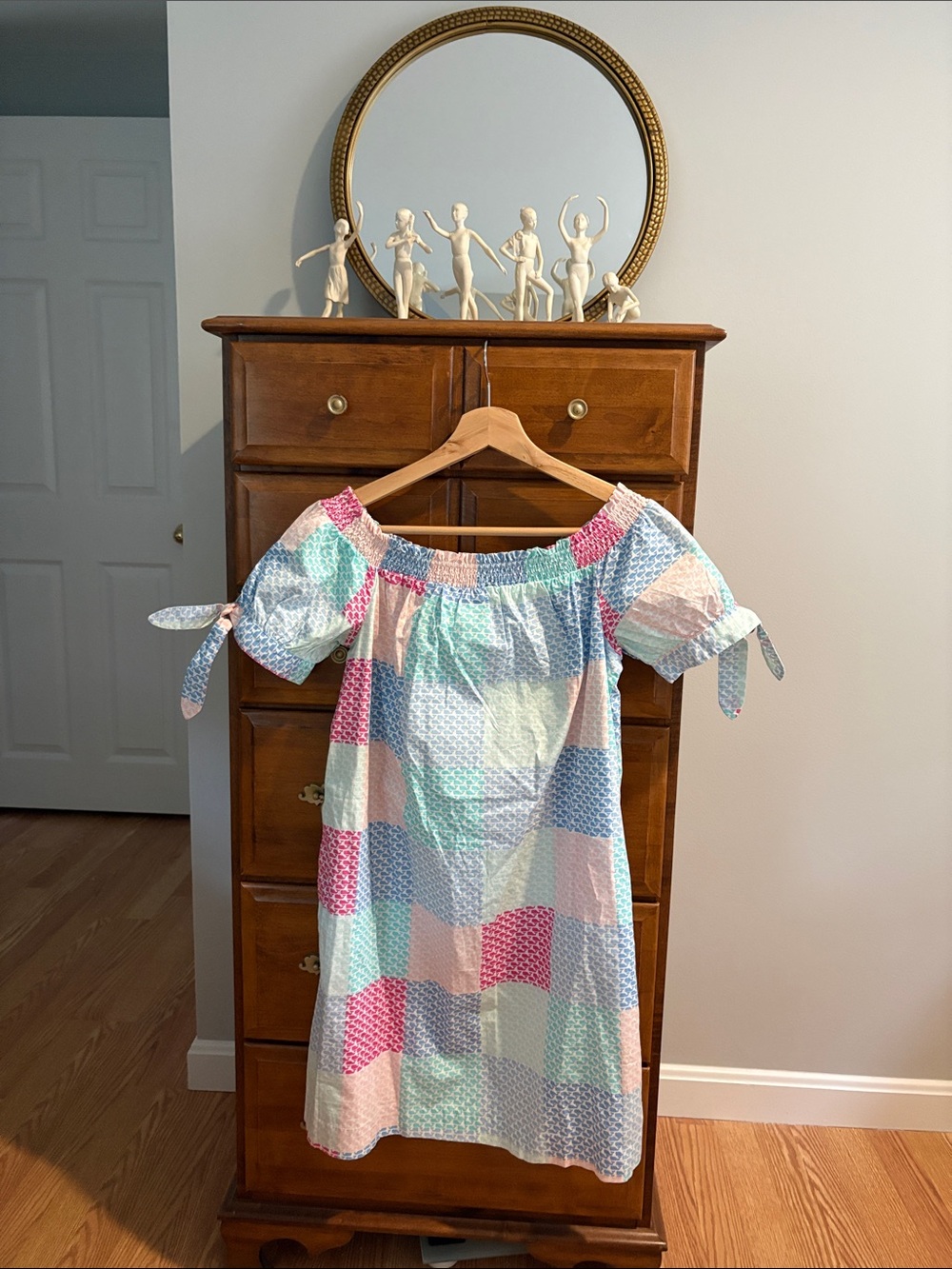 Pastel Patchwork Off-Shoulder Mini Dress with Tie Sleeves